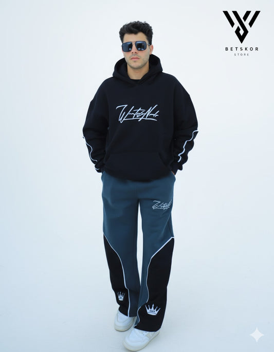 طقم بتسكور السينيشر – هودي أسود وبنطال رياضي رمادي/أسود