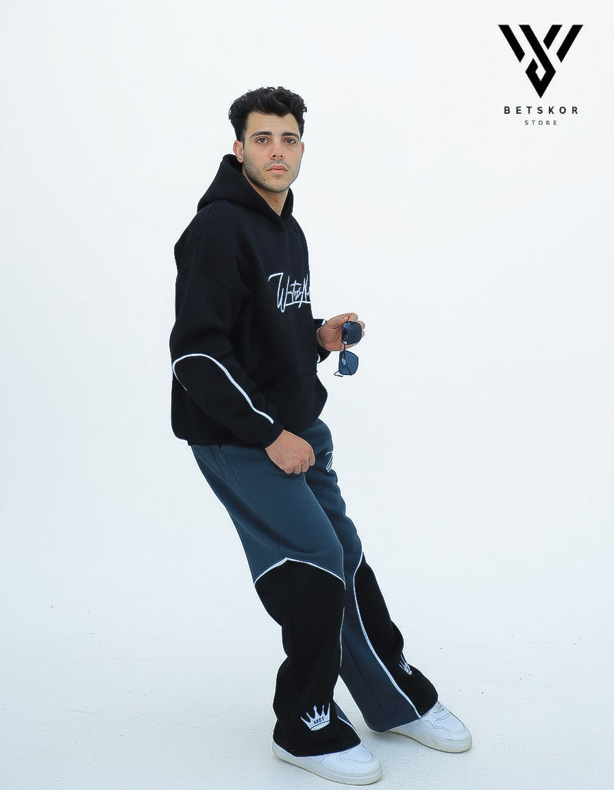 طقم بتسكور السينيشر – هودي أسود وبنطال رياضي رمادي/أسود