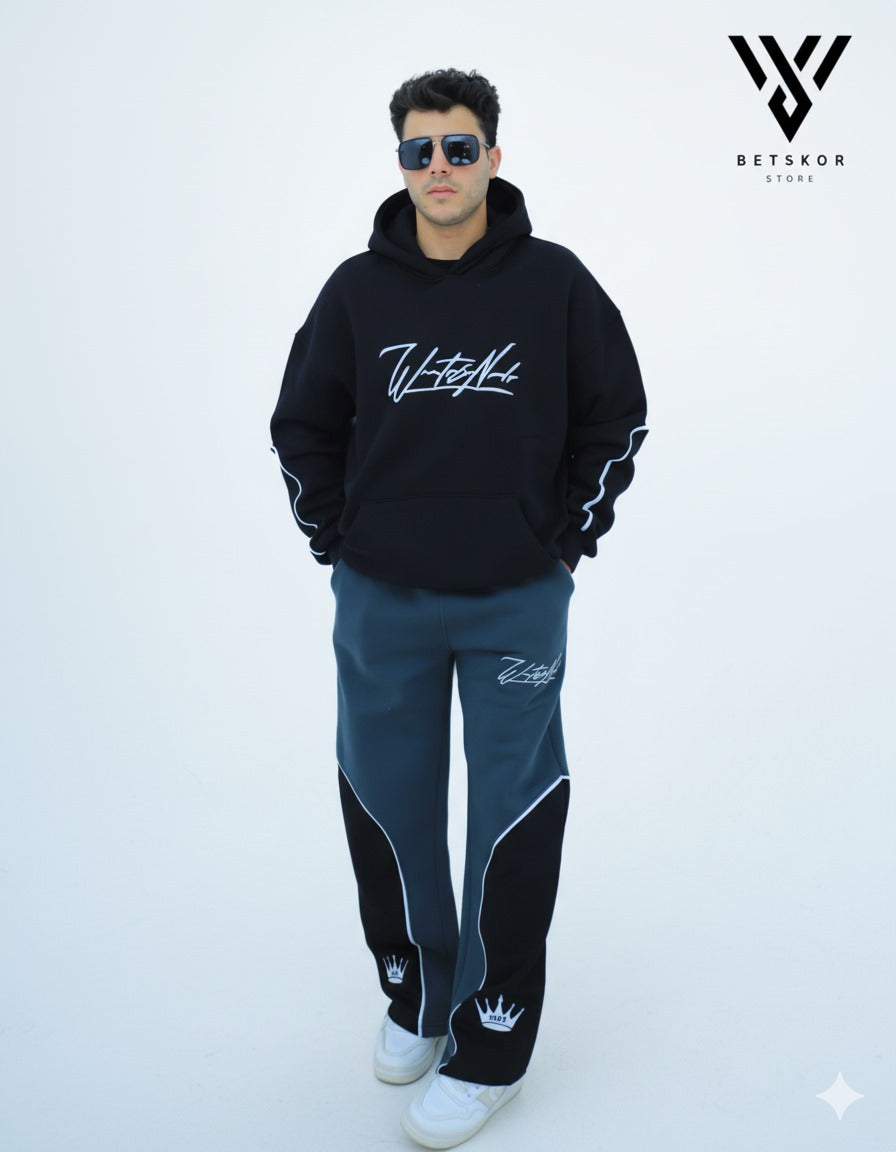 طقم بتسكور السينيشر – هودي أسود وبنطال رياضي رمادي/أسود