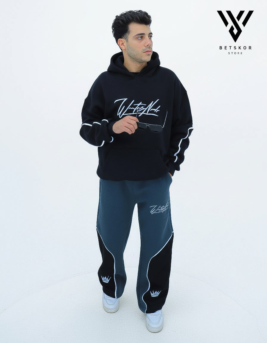 طقم بتسكور السينيشر – هودي أسود وبنطال رياضي رمادي/أسود