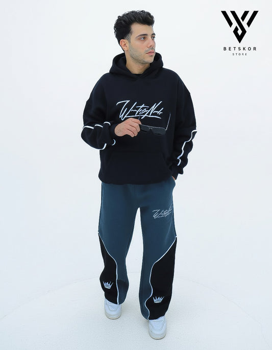 طقم بتسكور السينيشر – هودي أسود وبنطال رياضي رمادي/أسود